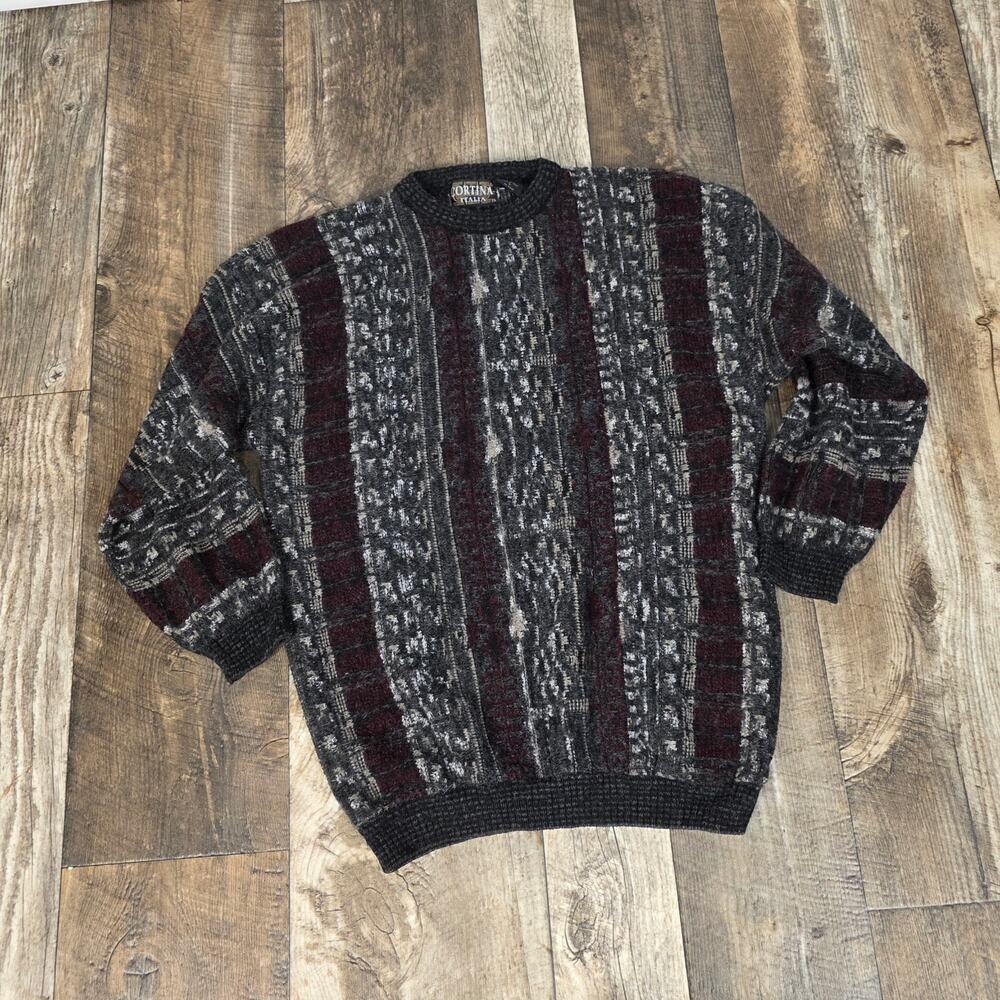 Vintage Grandpa Sweater Wool Blend Large Made in Italy 3D Striped Dad Crewneck